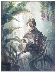Rule 34 | 1boy, arknights, black jacket, black skin, book, border, brown hair, chair, chong yue (arknights), colored skin, dated, dragon boy, dragon horns, dragon tail, feet out of frame, hanging plant, holding, holding book, horns, indoors, jacket, looking to the side, male focus, oisyox72, open book, pants, parted bangs, plant, potted plant, red eyes, signature, sitting, solo, tail, white pants, window