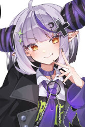 Rule 34 | 1girl, absurdres, ahoge, black jacket, black nails, blonde hair, blush, bus, chain, choker, closed mouth, collared shirt, cowlick, crescent, crescent hair ornament, cross hair ornament, demon horns, ear piercing, earrings, fang, flame print, hair ornament, hand up, highres, hololive, horns, jacket, jewelry, la+ darknesss, la+ darknesss (casual), looking at viewer, motor vehicle, nail polish, necktie, official alternate costume, open clothes, open jacket, piercing, pointy ears, purple choker, purple hair, purple necktie, shirt, short hair, sidelocks, smile, solo, stud earrings, symbol-shaped pupils, virtual youtuber, white background, white shirt, xivi9