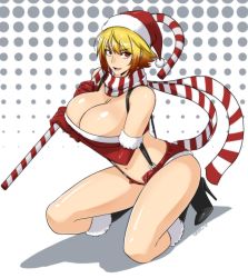 Rule 34 | &gt;:), 1girl, bandeau, bare shoulders, black footwear, blonde hair, boots, breast hold, breasts, brown hair, candy, candy cane, christmas, cleavage, devil-v, elbow gloves, food, from side, full body, fur trim, gloves, gradient hair, hat, high heel boots, high heels, highres, kneeling, large breasts, looking at viewer, looking to the side, midriff, multicolored hair, navel, open fly, original, parted lips, red eyes, red gloves, sack, santa costume, santa hat, scarf, short hair, short shorts, shorts, solo, stomach, striped clothes, striped scarf, suspender shorts, suspenders, unbuttoned, v-shaped eyebrows