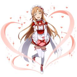 Rule 34 | 1girl, :d, asuna (sao), closed eyes, elbow gloves, full body, gloves, headdress, heart, highres, maid, official art, open mouth, smile, sword art online, sword art online: memory defrag, thighhighs, transparent background, white gloves, white thighhighs, zettai ryouiki