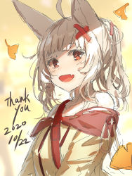 Rule 34 | 1girl, :d, absurdres, ahoge, animal ears, bare shoulders, blurry, blurry background, brown shirt, collarbone, dated, depth of field, fang, fox ears, ginkgo leaf, hair ornament, hairclip, highres, leaf, light brown hair, long hair, off-shoulder shirt, off shoulder, open mouth, original, ponytail, red eyes, shirt, smile, solo, thank you, upper body, x hair ornament, yuuji (yukimimi)