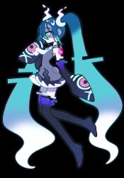 Rule 34 | 1girl, absurdres, aqua hair, black background, black thighhighs, creatures (company), game freak, ghost, ghost miku (project voltage), glitch, gradient hair, grey shirt, hatsune miku, highres, hourai 24, iroha (hourai 24), long hair, multicolored hair, necktie, nintendo, open mouth, pale skin, pokemon, project voltage, see-through, see-through skirt, shirt, skirt, sleeves past fingers, sleeves past wrists, thighhighs, twintails, very long hair, vocaloid, will-o&#039;-the-wisp (mythology), yellow eyes