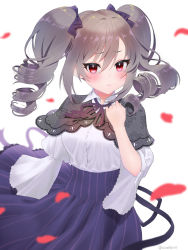 Rule 34 | 1girl, blush, breasts, buttons, capelet, closed mouth, collared shirt, drill hair, grey hair, hand up, highres, idolmaster, idolmaster cinderella girls, kanzaki ranko, long hair, long sleeves, looking at viewer, matuda (matudayazo), neck ribbon, petals, purple skirt, red eyes, ribbon, shirt, shirt tucked in, skirt, small breasts, solo, twin drills, twintails, twitter username, upper body, white background, white shirt