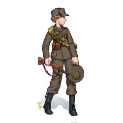 Rule 34 | 1girl, ammunition box, ammunition pouch, belt, black footwear, blonde hair, blue eyes, bolt action, boots, brown jacket, brown pants, camouflage, cross-laced footwear, field cap, gun, gun sling, hat, highres, holding, holding gun, holding weapon, jacket, lace-up boots, load bearing equipment, mauser 98, military, military hat, military jacket, military uniform, original, ostwindprojekt, pants, pants tucked in, pouch, red star, rifle, shadow, short hair, signature, simple background, star (symbol), uniform, weapon, weapon request, yugoslavia