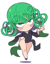 Rule 34 | 1girl, black dress, blush, chibi, curly hair, dress, green eyes, green hair, highres, one-punch man, shadow, short hair, simple background, solo, tatsumaki, thick thighs, thighs, uejini, white background, wide hips