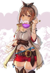 Rule 34 | 1girl, absurdres, atelier (series), atelier ryza, atelier ryza 1, belt, beret, black panties, blush, breasts, brown eyes, brown gloves, brown hair, brown thighhighs, cleavage, collarbone, cowboy shot, drawstring, flask, gloves, grin, hair ornament, hairclip, hand up, hat, highres, hip vent, holding, holding flask, jewelry, looking at viewer, medium breasts, midriff peek, navel, necklace, ohihil, panties, potion, red shorts, reisalin stout, shirt, short hair, short shorts, shorts, sidelocks, single glove, smile, solo, spaghetti strap, standing, star (symbol), teeth, test tube, thighhighs, thighs, underwear, vest, white hat, white shirt, yellow vest