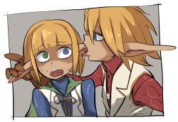 Rule 34 | 1boy, 1girl, aura bella fiora, blonde hair, blue eyes, brother and sister, dark-skinned male, dark elf, dark skin, deepthroat, ear licking, elf, fellatio, green eyes, heterochromia, highres, incest, licking, mare bello fiore, nervous, open mouth, oral, overlord (maruyama), pointy ears, reverse trap, sexually suggestive, short hair, siblings, tirarizun, tongue, tongue out, trap, twins, vest