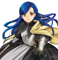 Rule 34 | 1girl, armor, black gloves, blue hair, braid, brown eyes, cape, dated, gauntlets, gloves, hair ornament, hitotose, holding, holding staff, honzuki no gekokujou, long hair, myne (honzuki no gekokujou), simple background, solo, staff, standing, white background, yellow cape