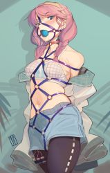 Rule 34 | 1girl, absurdres, arknights, ball gag, bare shoulders, bdsm, black pants, blue background, blue eyes, blue poison (arknights), blue poison (shoal beat) (arknights), blue shorts, blush, bondage, bound, braid, breasts, commentary, cowboy shot, crop top, female focus, gag, gagged, hairband, harness gag, highres, jacket, kaddo, leggings, long hair, looking at viewer, medium breasts, midriff, navel, off shoulder, official alternate costume, open clothes, open jacket, pants, pink hair, sex toy, short shorts, shorts, solo, sports bra, standing, stomach, twin braids, vibrator, white jacket