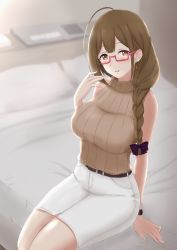 Rule 34 | 1girl, 1mm (norizo), :o, arm support, bed, belt, blanket, bow, braid, braided ponytail, breasts, brown eyes, brown hair, brown sweater, cowlick, earrings, glasses, hair bow, hair over shoulder, highres, hotel room, idolmaster, idolmaster shiny colors, indoors, jewelry, kuwayama chiyuki, long hair, looking at viewer, low-tied long hair, on bed, open mouth, pillow, purple bow, ribbed sweater, shirt tucked in, sidelocks, sitting, skirt, sleeveless, sleeveless sweater, sweater, turtleneck, turtleneck sweater, watch, white skirt