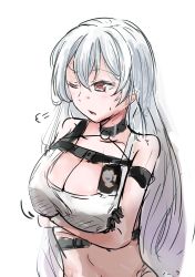 Rule 34 | 1girl, absurdres, azur lane, black choker, breasts, choker, cleavage, crossed arms, highres, long hair, looking down, medium breasts, one eye closed, open mouth, pencil, plain 64, red eyes, shirt, solo, sovetskaya rossiya (azur lane), sovetskaya rossiya (the lackadaisical lookout) (azur lane), white background, white hair, white shirt
