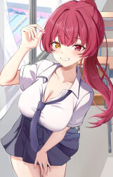 Rule 34 | 1girl, absurdres, breasts, heterochromia, highres, hololive, houshou marine, large breasts, long hair, looking at viewer, minase03mio, ponytail, red eyes, red hair, short sleeves, smile, solo, virtual youtuber, yellow eyes