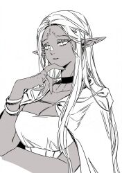 Rule 34 | 1girl, bracelet, breasts, choker, cithis, cleavage, cloak, collarbone, dungeon meshi, elf, facial mark, finger to own chin, forehead mark, greyscale, hand up, highres, jewelry, korean commentary, long hair, looking to the side, monochrome, muj0, notched ear, parted lips, pointy ears, ring, simple background, solo, upper body, white background