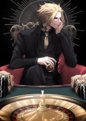 Rule 34 | 1boy, alcohol, black jacket, black pants, black sclera, black shirt, black vest, blonde hair, blue eyes, boku no hero academia, brown necktie, colored sclera, cup, formal, highres, holding, holding cup, jacket, looking at viewer, male focus, necktie, pants, poker chip, roulette, shirt, short hair, smile, solo, suno (sunoichi), vest, yagi toshinori