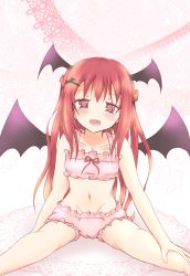 Rule 34 | 1girl, bad id, bad pixiv id, blush, cinderella bust, demon wings, head wings, heart, heart-shaped pupils, highres, koakuma, lingerie, long hair, mickeysmith, navel, red eyes, red hair, solo, symbol-shaped pupils, touhou, underwear, underwear only, wings