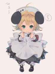 Rule 34 | 1girl, ahoge, angry, animal ears, apron, black dress, blonde hair, clenched hands, di gi charat, dress, full body, green eyes, hat, looking at viewer, mary janes, mirki, panda ears, piyoko, pout, shoes, short hair, simple background, solo, standing, striped clothes, striped dress, translation request, white apron