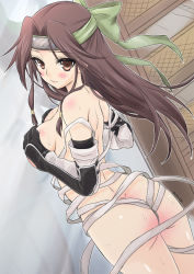 Rule 34 | 10s, 1girl, bandages, blush, breasts, brown eyes, brown hair, covering privates, covering breasts, elbow gloves, female focus, forehead protector, gloves, hair ribbon, headband, jintsuu (kancolle), jintsuu kai ni (kancolle), kantai collection, large breasts, long hair, looking at viewer, looking back, ribbon, sata (sat), smile, solo, sweat