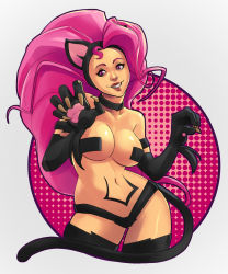 Rule 34 | 1girl, ahoge, alternate color, animal ears, animal hands, big hair, breasts, cat ears, cat tail, choker, claws, colored skin, contrapposto, eyelashes, felicia (vampire), greenmarine, highres, large breasts, lips, navel, nose, pasties, pink hair, player 2, red eyes, slit pupils, solo, standing, tail, vampire (game), yellow skin