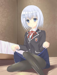 Rule 34 | 10s, 1girl, bad id, bad pixiv id, bed, blue eyes, blush, chauncey, convenient leg, date a live, hair ornament, hairclip, highres, long sleeves, open mouth, pantyhose, school uniform, short hair, silver hair, solo, tobiichi origami