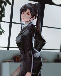 Rule 34 | 1girl, artist name, black hair, book, final fantasy, final fantasy vii, final fantasy vii remake, highres, looking back, notgustiarp, office lady, open mouth, ponytail, red eyes, solo, tifa lockhart
