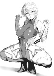 Rule 34 | 1girl, anegawa eiji, bare shoulders, blush, breasts, cameltoe, cosplay, covered erect nipples, embarrassed, hands up, high heels, highleg, highleg leotard, highres, igawa sakura (cosplay), large breasts, leotard, looking at viewer, low twintails, monochrome, original, showgirl skirt, solo, spread legs, squatting, taimanin (series), taimanin asagi, taimanin suit, twintails, weapon, weapon on back