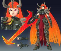 Rule 34 | 1girl, :i, arm blade, armor, armored boots, blue background, boobplate, boots, breastplate, burger, crucible (doom), cyborg, demon girl, doom (series), doom eternal, eating, faulds, food, gauntlets, glowing, glowing hair, gradient background, highres, horns, long hair, orange hair, personification, red eyes, shoulder armor, solo, standing, substance20, sword, tabard, very long hair, weapon