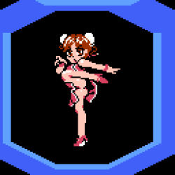Rule 34 | 1girl, angry, bare arms, bare legs, bare shoulders, black background, brown eyes, brown hair, bun cover, china dress, chinese clothes, double bun, dress, fighting stance, hair bun, high heels, kicking, langlang (sd keiji blader), leg up, limited palette, looking at viewer, looking to the side, no panties, open mouth, pixel art, pussy, red dress, red footwear, saiwai hiroshi, sd keiji blader, shoes, short hair, simple background, sleeveless, sleeveless dress, standing, standing on one leg, taito, wristband