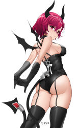 Rule 34 | 1girl, absurdres, arms behind back, ass, backboob, bare shoulders, black gloves, black leotard, black thighhighs, breasts, demon girl, demon horns, demon tail, demon wings, dopamine70, fang, garter belt, gloves, hair between eyes, highres, horns, large breasts, leotard, original, red eyes, red hair, shiny clothes, simple background, solo, tail, thighhighs, translation request, white background, wings