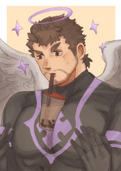 Rule 34 | 1boy, absurdres, angel, angel wings, bara, beard, black bodysuit, blush, bodysuit, brown hair, bubble tea, bubble tea challenge, covered abs, cup, disposable cup, drinking straw, facial hair, feathered wings, grabbing, halo, highres, large pectorals, male focus, matcha modoki (mutou 444), mature male, meme, muscular, muscular male, nether angel (housamo), object on pectorals, pectoral grab, pectorals, grabbing own breast, short hair, sideburns, simple background, skin tight, solo, stubble, tokyo houkago summoners, upper body, wings