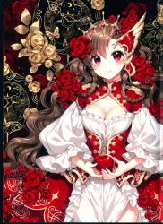 Rule 34 | 1girl, absurdres, apple, blush, braid, breasts, brown hair, bug, butterfly, cleavage, cleavage cutout, clock, clothing cutout, corset, crown, dress, floral background, flower, food, frills, fruit, golden rose, hair flower, hair ornament, highres, holding, holding food, holding fruit, huge filesize, insect, lips, long hair, long sleeves, looking at viewer, medium breasts, nardack, original, puffy long sleeves, puffy sleeves, red eyes, red flower, red rose, rose, scan, side braid, side slit, smile, solo, twin braids, wavy hair, white dress