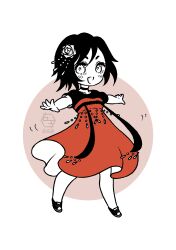 Rule 34 | 1girl, absurdres, black hair, chibi, chinese clothes, dress, fatrabbitr, flower, hair flower, hair ornament, hanfu, highres, open mouth, outstretched arms, qixiong ruqun, rose, ruby rose, ruqun, rwby, rwby chibi, shoes, short hair, smile, sneakers, solo, white eyes, white flower, white rose