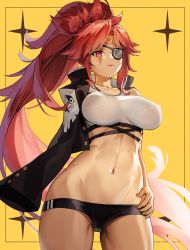 Rule 34 | 1girl, absurdres, baiken, bare shoulders, black jacket, black shorts, breasts, commission, crop top, eyepatch, facial mark, guilty gear, guilty gear xrd, hand on own hip, highres, huge filesize, hyoin, jacket, large breasts, long hair, looking at viewer, midriff, navel, partially visible vulva, pink hair, pixiv commission, ponytail, red eyes, scar, scar across eye, scar on face, shorts, solo, sportswear, star (symbol), stomach, toned, yellow background