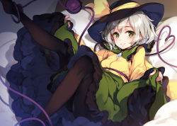 Rule 34 | 1girl, bed sheet, black hat, black pantyhose, bow, clothes lift, green eyes, green skirt, hat, hat bow, heart, heart-shaped pupils, heart of string, highres, ke-ta, komeiji koishi, lifting own clothes, lying, on back, on bed, pantyhose, shirt, short hair, silver hair, skirt, skirt lift, smile, solo, symbol-shaped pupils, third eye, touhou, wide sleeves, yellow bow, yellow shirt