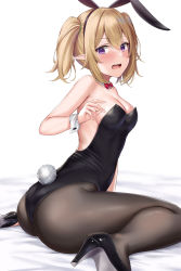 Rule 34 | 1girl, absurdres, animal ears, ass, black footwear, black leotard, black pantyhose, blonde hair, blush, bow, bowtie, breasts, chloe (princess connect!), cleavage, detached collar, fake animal ears, from behind, hair between eyes, hair tie, high heels, highres, leotard, looking at viewer, looking back, medium breasts, medium hair, open mouth, pantyhose, playboy bunny, pointy ears, princess connect!, purple eyes, rabbit ears, rabbit tail, rama (yu-light8), short twintails, sitting, solo, tail, twintails, upper body, wariza, wrist cuffs