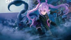 Rule 34 | 1girl, 4others, arknights, at fox79, barrel, black gloves, black legwear, black shirt, breasts, coat, collared shirt, commentary request, gloves, head wings, highres, holding, holding weapon, hood, hooded coat, light purple hair, long hair, long sleeves, manticore (arknights), manticore (elite ii) (arknights), medium breasts, monster girl, multiple others, open mouth, outdoors, pink eyes, pointy ears, reunion soldier (arknights), rhodes island logo (arknights), scorpion tail, shaded face, shirt, shorts, snowflakes, solo focus, sword, tactical clothes, tail, twintails, weapon, white coat, wings