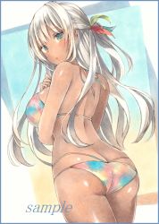Rule 34 | 1girl, ass, back, bad id, bad pixiv id, bikini, blush, breasts, butt crack, colored pencil (medium), dark-skinned female, dark skin, green eyes, large breasts, looking at viewer, looking back, marker (medium), original, potto, shy, solo, swimsuit, traditional media, white hair