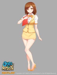 Rule 34 | 1girl, bare legs, blush, bow, bowtie, brown eyes, brown hair, collared shirt, full body, grey background, high heels, looking at viewer, miniskirt, office lady, orange footwear, parted bangs, quiz &amp; sprites, quiz and sprites, shirt, shoes, short hair, short sleeves, simple background, skirt, smile, solo, white shirt, yi l chen 5
