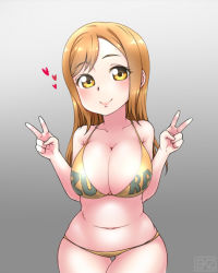 Rule 34 | 10s, 1girl, bare shoulders, belly, breasts, brown eyes, brown hair, cleavage, curvy, double v, ekz (robotekz), gluteal fold, gradient background, grey background, heart, highres, kunikida hanamaru, large breasts, long hair, looking at viewer, love live!, love live! sunshine!!, matching hair/eyes, navel, smile, solo, thighs, v, wide hips
