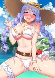 Rule 34 | 1girl, ayase-mio, belt, bikini, blue eyes, blush, bracelet, braid, breasts, cameltoe, cleft of venus, collarbone, cowboy shot, flower, flower bracelet, gluteal fold, hair between eyes, hat, hat flower, hat ornament, highres, jewelry, large breasts, large hat, long hair, looking at viewer, navel, necklace, off shoulder, open mouth, outdoors, princess connect!, purple hair, shizuru (princess connect!), shizuru (summer) (princess connect!), sideboob, smile, solo, straw hat, swimsuit, thigh strap, thighs, twin braids, underboob, water, white bikini