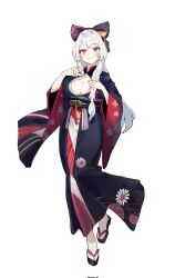 Rule 34 | 1girl, black bow, black kimono, blush, bow, braid, breasts, cleavage, closed mouth, commentary, cut bangs, floral print, grey hair, hair bow, hand on own chest, highres, japanese clothes, kimono, large breasts, long hair, looking at viewer, multicolored clothes, multicolored kimono, obi, obijime, okobo, open clothes, open kimono, original, pink eyes, print kimono, red kimono, sash, simple background, single braid, smile, socks, solo, standing, tabi, white background, white socks, wide sleeves, y uunaa