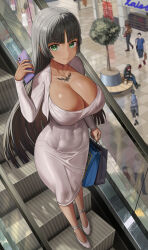 Rule 34 | bag, black hair, blunt bangs, blunt ends, blurry, blurry background, breasts, cellphone, cleavage, closed mouth, collarbone, covered navel, dark skin, dongtan dress, dress, escalator, felicia castro, from above, green eyes, high heels, highres, huge breasts, large breasts, long hair, long sleeves, looking at viewer, mall, medium dress, meme attire, phone, scoop neck, shopping, shopping bag, silvertsuki, smartphone, smile, solo focus, tan, tatakau ataisuru, tattoo, tight clothes, tight dress, white dress, white footwear