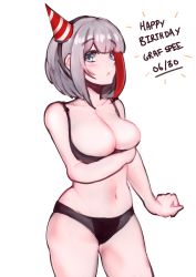Rule 34 | 1girl, admiral graf spee (azur lane), azur lane, black bra, black panties, blue eyes, blush, bra, breast hold, breasts, character name, cleavage, cowboy shot, dated, english text, greypidjun, happy birthday, hat, highres, looking at viewer, medium breasts, multicolored hair, navel, panties, parted lips, party hat, red hair, short hair, silver hair, simple background, solo, thighs, two-tone hair, underwear, underwear only, white background