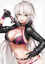 Rule 34 | 1girl, absurdres, ahoge, aozora nan, bikini, black bikini, black gloves, breasts, commentary request, fate/grand order, fate (series), gloves, hand on own hip, highres, holding, holding sword, holding weapon, jeanne d&#039;arc alter (swimsuit berserker) (fate), jeanne d&#039;arc (fate), jeanne d&#039;arc alter (fate), jeanne d&#039;arc alter (swimsuit berserker) (fate), katana, long hair, long sleeves, looking at viewer, medium breasts, navel, o-ring, o-ring bikini, open mouth, shrug (clothing), silver hair, smile, solo, swimsuit, sword, teeth, very long hair, weapon, yellow eyes