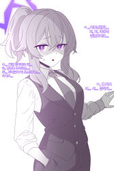 Rule 34 | 1girl, absurdres, blue archive, collared shirt, formal, hair between eyes, halo, hand in pocket, haruka (blue archive), haruka (suit) (blue archive), high ponytail, highres, korean text, long sleeves, looking at viewer, necktie, open mouth, purple eyes, purple halo, samess 333, shirt, simple background, slit pupils, solo, spot color, suit, translation request, vest, white background