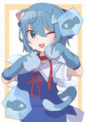 Rule 34 | 1girl, ;d, animal collar, animal ears, animal hands, blue bow, blue dress, blue eyes, blue gloves, blue hair, blue tail, border, bow, cat ears, cat tail, cirno, collar, collared shirt, commentary, commentary request, dress, fairy wings, fang, fish, gloves, hair between eyes, hair bow, highres, ice, ice wings, leash, looking to the side, neck ribbon, one eye closed, open mouth, paw gloves, pinafore dress, red collar, red ribbon, ribbon, shirt, short hair, sidelocks, sideways glance, skin fang, sleeveless, sleeveless dress, smile, solo, sweatdrop, tail, touhou, v-shaped eyebrows, white background, white shirt, wings, yellow border, yuzupon (yuzuponpon)