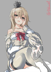 Rule 34 | 10s, 1girl, bad id, bad twitter id, bare shoulders, black eyes, blonde hair, bow, braid, breasts, cleavage, corset, crown, cum, cum on body, cum on feet, cum on lower body, cum string, dress, ebifurya, feet, flower, french braid, grey background, grey thighhighs, hair between eyes, hairband, hand on own face, hand up, highres, inactive account, kantai collection, long hair, long sleeves, looking at viewer, medium breasts, mini crown, no shoes, off-shoulder dress, off shoulder, open mouth, penis, red bow, red flower, red ribbon, red rose, ribbon, rose, simple background, sitting, soles, solo, thighhighs, twitter username, warspite (kancolle), white dress, zettai ryouiki