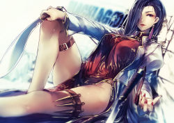 Rule 34 | 1girl, artist name, black lagoon, blue hair, china dress, chinese clothes, dress, earrings, eyeshadow, genyaky, hair over one eye, highres, jewelry, knife, kukri, lipstick, long hair, looking at viewer, makeup, nail polish, panties, purple eyes, red lips, red nails, shenhua, side-tie panties, smile, solo, thigh strap, underwear