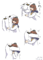 Rule 34 | 1boy, 1girl, admiral (kancolle), artist name, blue sailor collar, brown eyes, brown hair, commentary request, dated, dress, head out of frame, highres, hug, kantai collection, military, military uniform, multiple views, naval uniform, neckerchief, one-hour drawing challenge, sailor collar, sailor dress, short hair, speaking tube headset, uniform, upper body, yellow neckerchief, yuki 4040, yukikaze (kancolle)