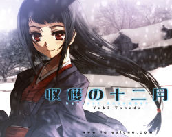 Rule 34 | 1girl, black hair, japanese clothes, kimono, long hair, red eyes, snow, snowing, solo, ueda yumehito
