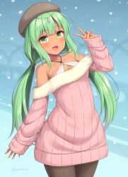 Rule 34 | 1girl, :d, bare shoulders, beret, blush, breasts, cowboy shot, dark-skinned female, dark skin, diadem, green eyes, green hair, hat, haura (sasaame), highres, long hair, looking at viewer, low twintails, medium breasts, off-shoulder sweater, off shoulder, open mouth, original, outdoors, pantyhose, sasaame, sleeves past wrists, smile, snow, snowing, solo, sweater, twintails, v